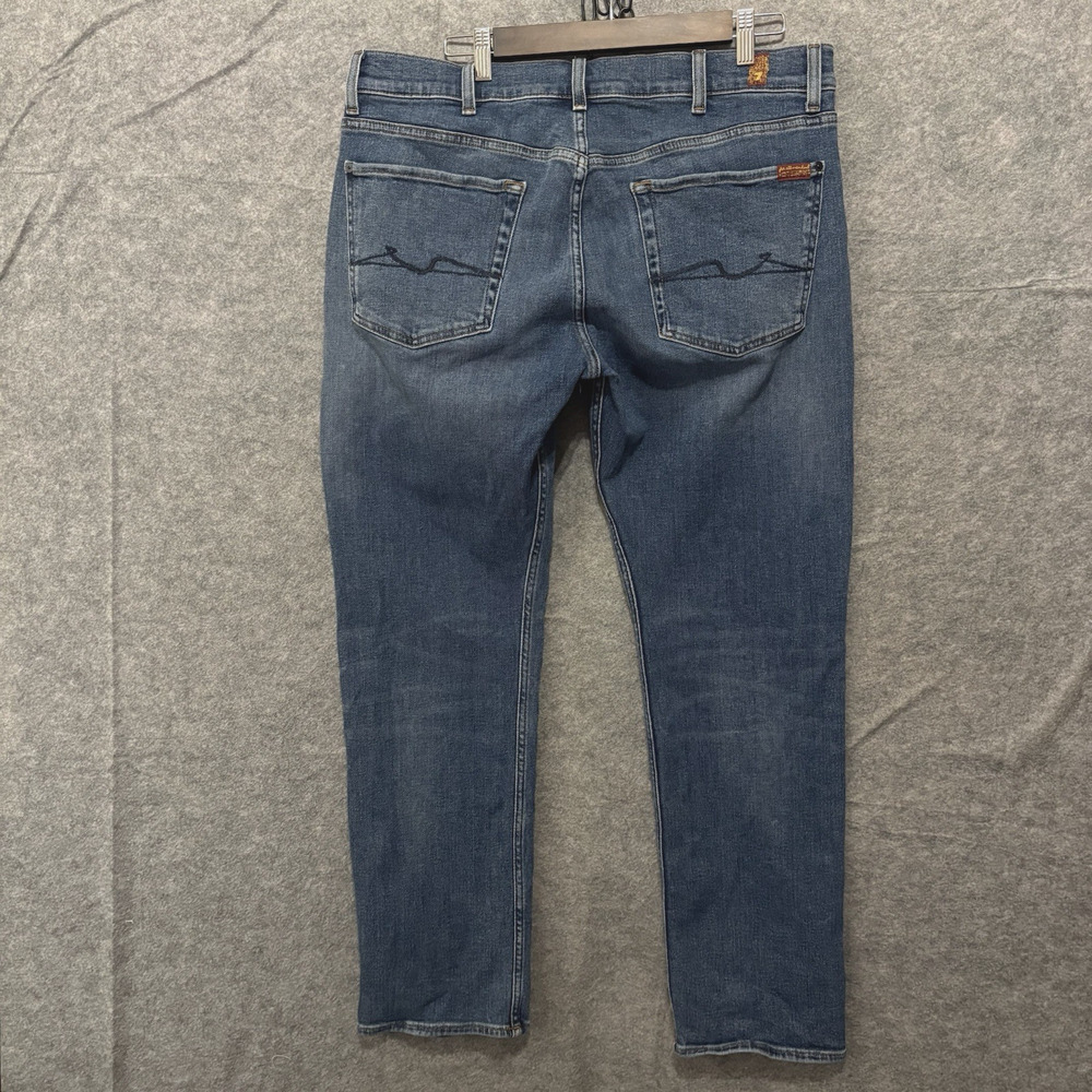 7 for All Mankind Straight Jeans Mens‎ 36 x 31 Blue Embroidered Whiskering - Picture 3 of 10